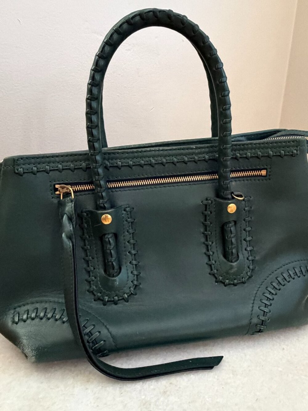 Alexander McQueen Green Leather Whipstiched Folk Tote